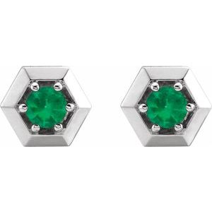 14K White Gold Natural Emerald Geometric Earrings – image 2