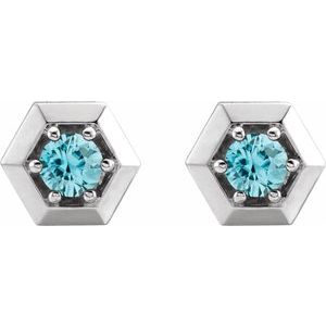 14K White Gold Natural Blue Zircon Geometric Earrings