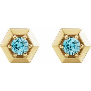 14K Yellow Gold Natural Blue Zircon Geometric Earrings – image 2