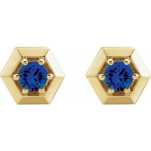 14K Yellow Gold Lab-Grown Blue Sapphire Geometric Earrings – image 2
