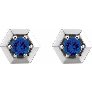 14K White Gold Lab-Grown Blue Sapphire Geometric Earrings – image 2
