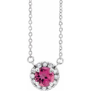 Platinum 5.5 mm Natural Pink Tourmaline 1/10 CTW Natural Diamond 16" Necklace