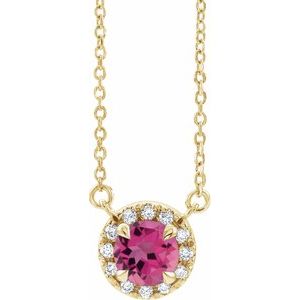 14K Yellow Gold 4.5 mm Natural Pink Tourmaline & .05 CTW Natural Diamond 16" Necklace