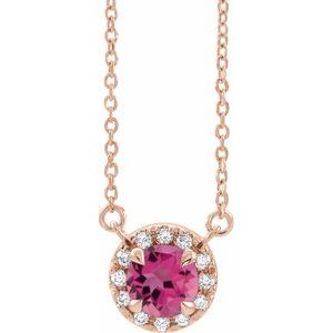 14K Rose Gold 4.5 mm Natural Pink Tourmaline & .05 CTW Natural Diamond 16" Necklace
