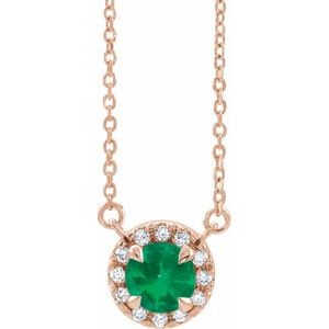 14K Rose Gold 5.5 mm Natural Emerald 1/10 CTW Natural Diamond 18" Necklace
