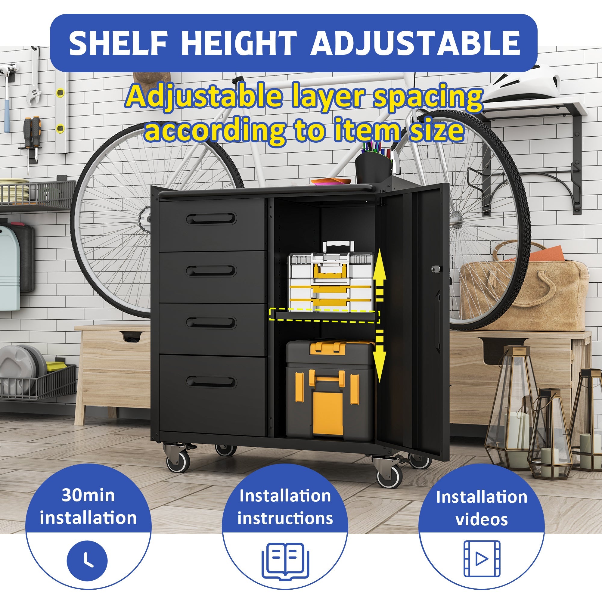 Sturdy Metal Tool Storage Cabinet with Wheels - Heavy-Duty Garage and Office Organizer, Black/Gray, Steel