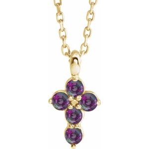 14K Yellow Gold Lab-Grown Alexandrite Cross 16-18" Necklace