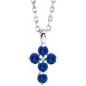 14K White Gold Lab-Grown Blue Sapphire Cross 16-18" Necklace