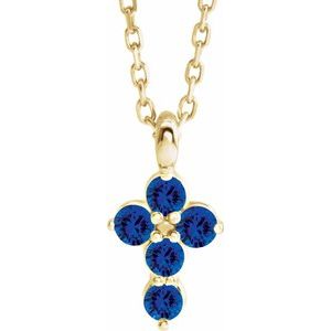 14K Yellow Gold Lab-Grown Blue Sapphire Cross 16-18" Necklace
