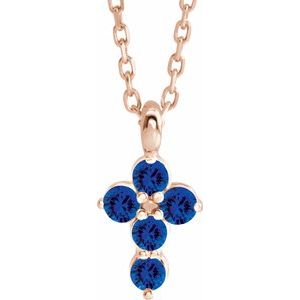 14K Rose Gold Lab-Grown Blue Sapphire Cross 16-18" Necklace