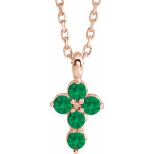 14K Rose Gold Lab-Grown Emerald Cross 16-18" Necklace