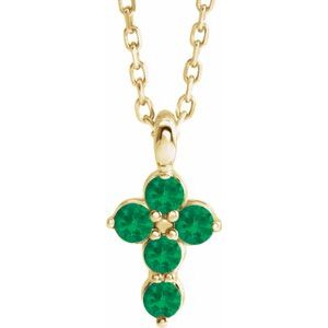 14K Yellow Gold Lab-Grown Emerald Cross 16-18" Necklace