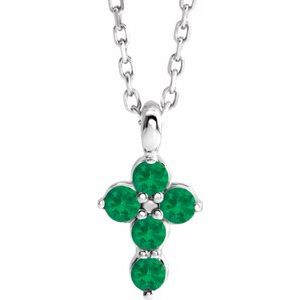 14K White Gold Emerald Cross 16-18" Necklace