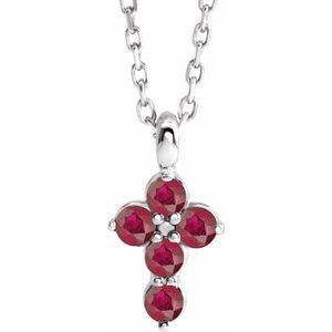 14K White Gold Lab-Grown Ruby Cross 16-18" Necklace