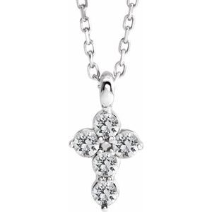 14K White Gold Natural White Sapphire Cross 16-18" Necklace