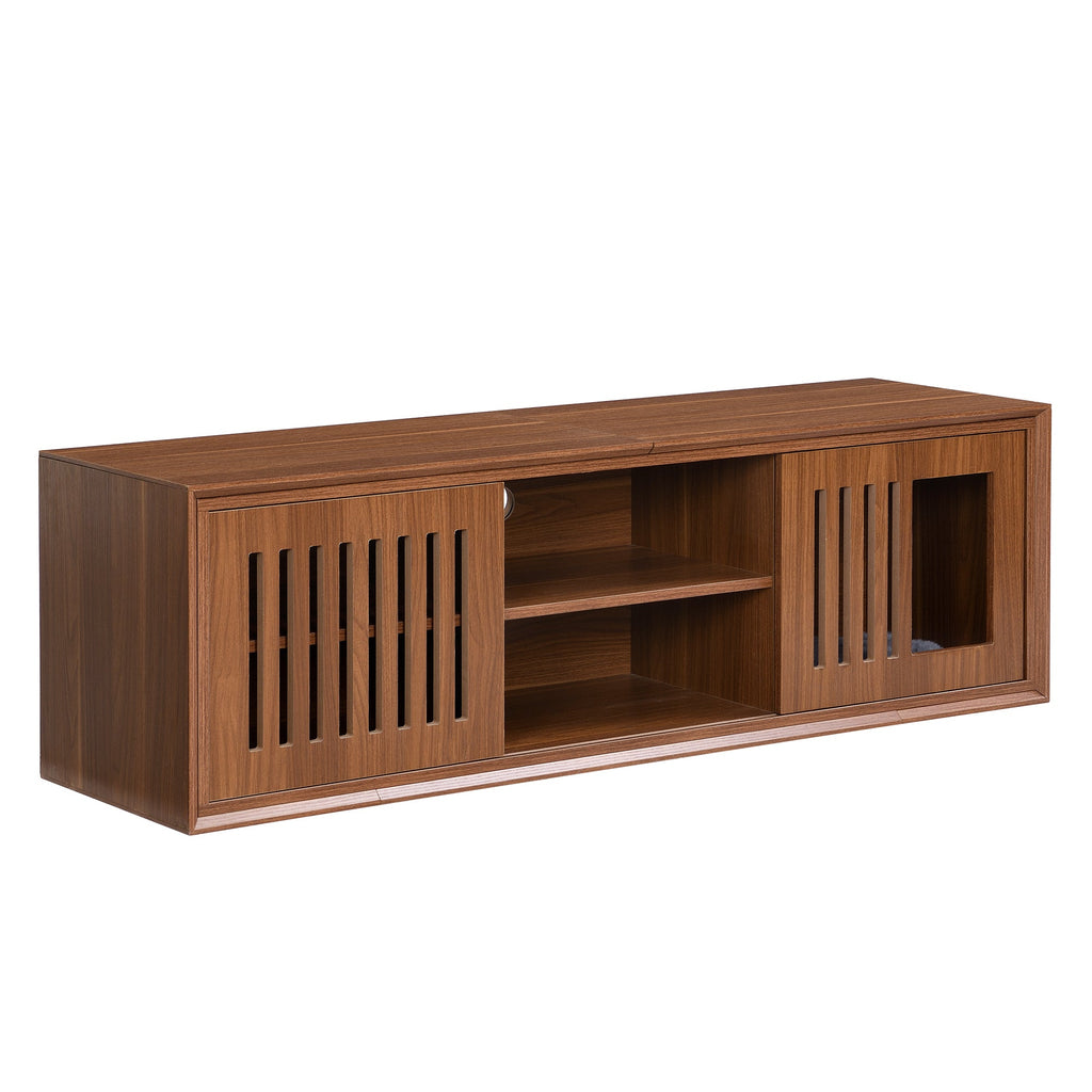 Mid-Century Modern 2 in 1 Cat Furniture, Cat House Litter Box Enclosure Walnut TV Stand With Extendable table, Sliding door. Wood TV Cabinet with Storage