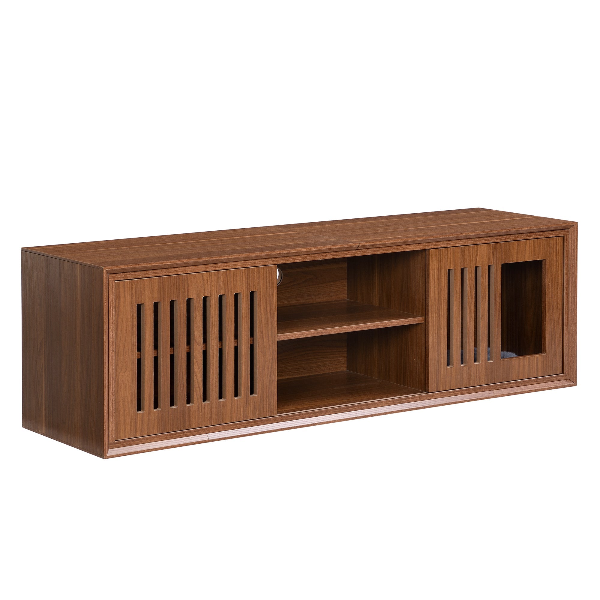 Mid-Century Modern 2 in 1 Cat Furniture, Cat House Litter Box Enclosure Walnut TV Stand With Extendable table, Sliding door. Wood TV Cabinet with Storage