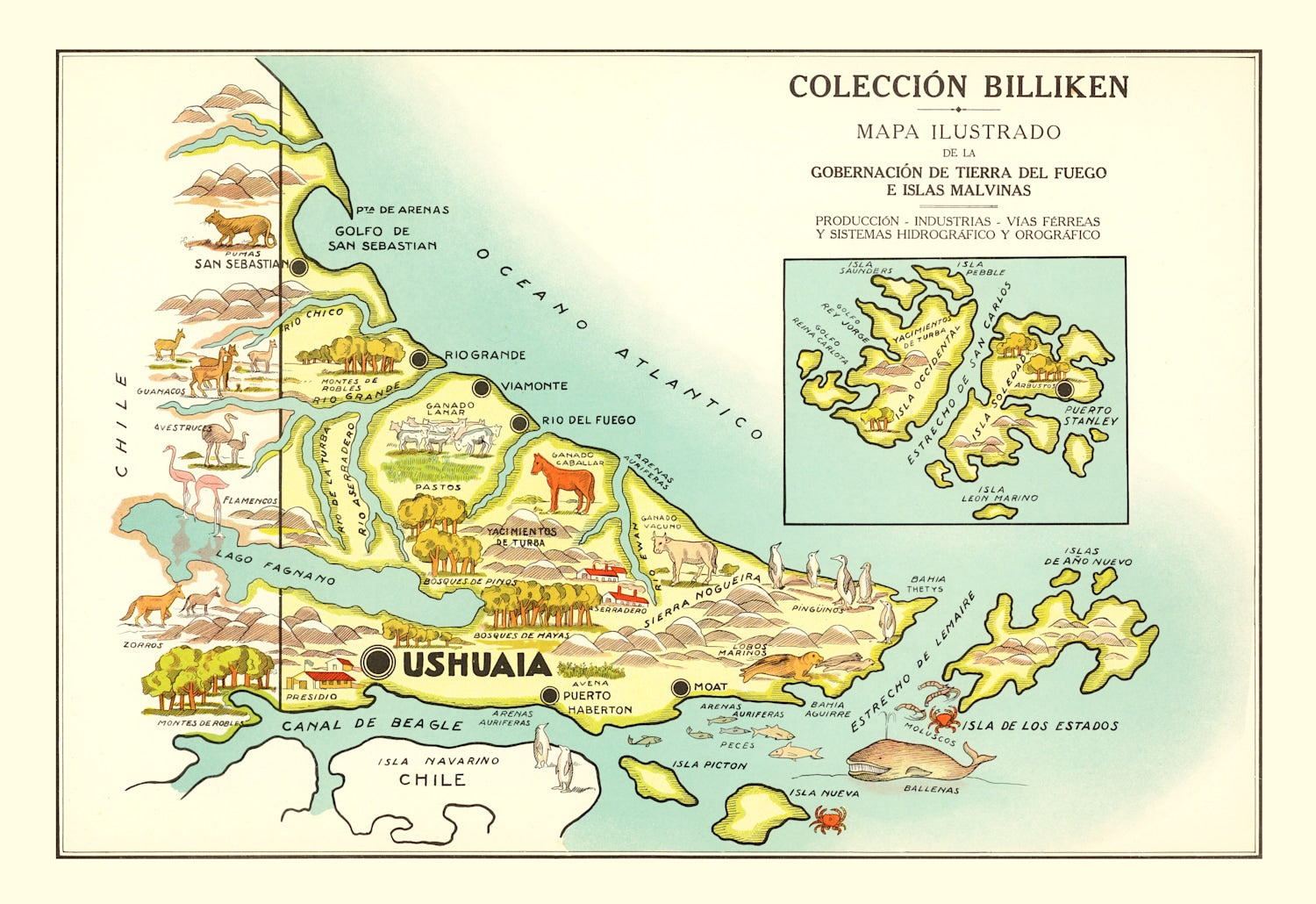 Vintage Map of Tierra del Fuego, 1933