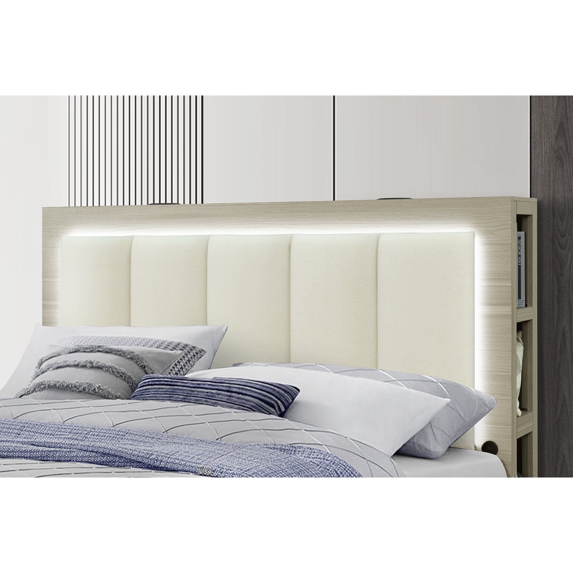 MESSA 5PC Natural-White King Bedroom Set with Bookcase Headboard and Storage in Rubber Wood