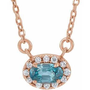 14K Rose Gold 7x5 mm Natural Blue Zircon & 1/6 CTW Natural Diamond 16" Necklace