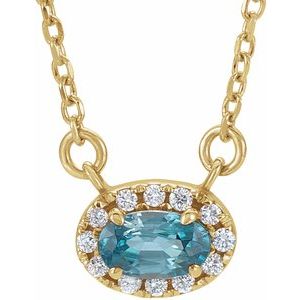 14K Yellow Gold 6x4 mm Natural Blue Zircon & 1/10 CTW Natural Diamond 18" Necklace