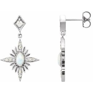 14K White Gold Natural White Opal & 1/6 CTW Natural Diamond Star Earrings