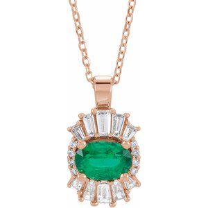14K Rose Gold Natural Emerald & 1/3 CTW Natural Diamond 16-18" Necklace