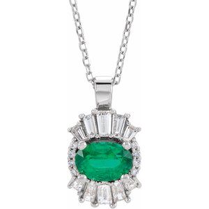 Sterling Silver Natural Emerald & 1/3 CTW Natural Diamond 16-18" Necklace