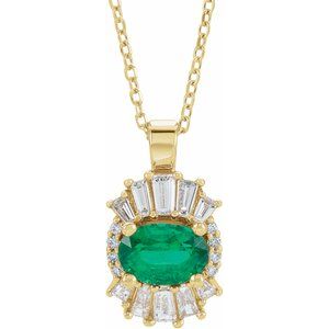 14K Yellow Gold Natural Emerald & 1/3 CTW Natural Diamond 16-18" Necklace