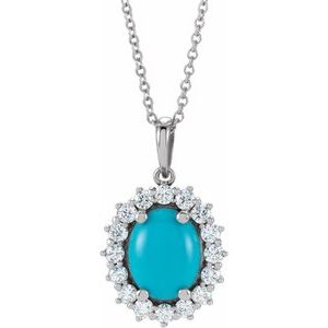 Sterling Silver Natural Turquoise & 1/3 CTW Natural Diamond Halo-Style 16-18" Necklace
