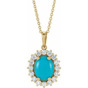 14K Yellow Gold Natural Turquoise & 1/3 CTW Natural Diamond Halo-Style 16-18" Necklace