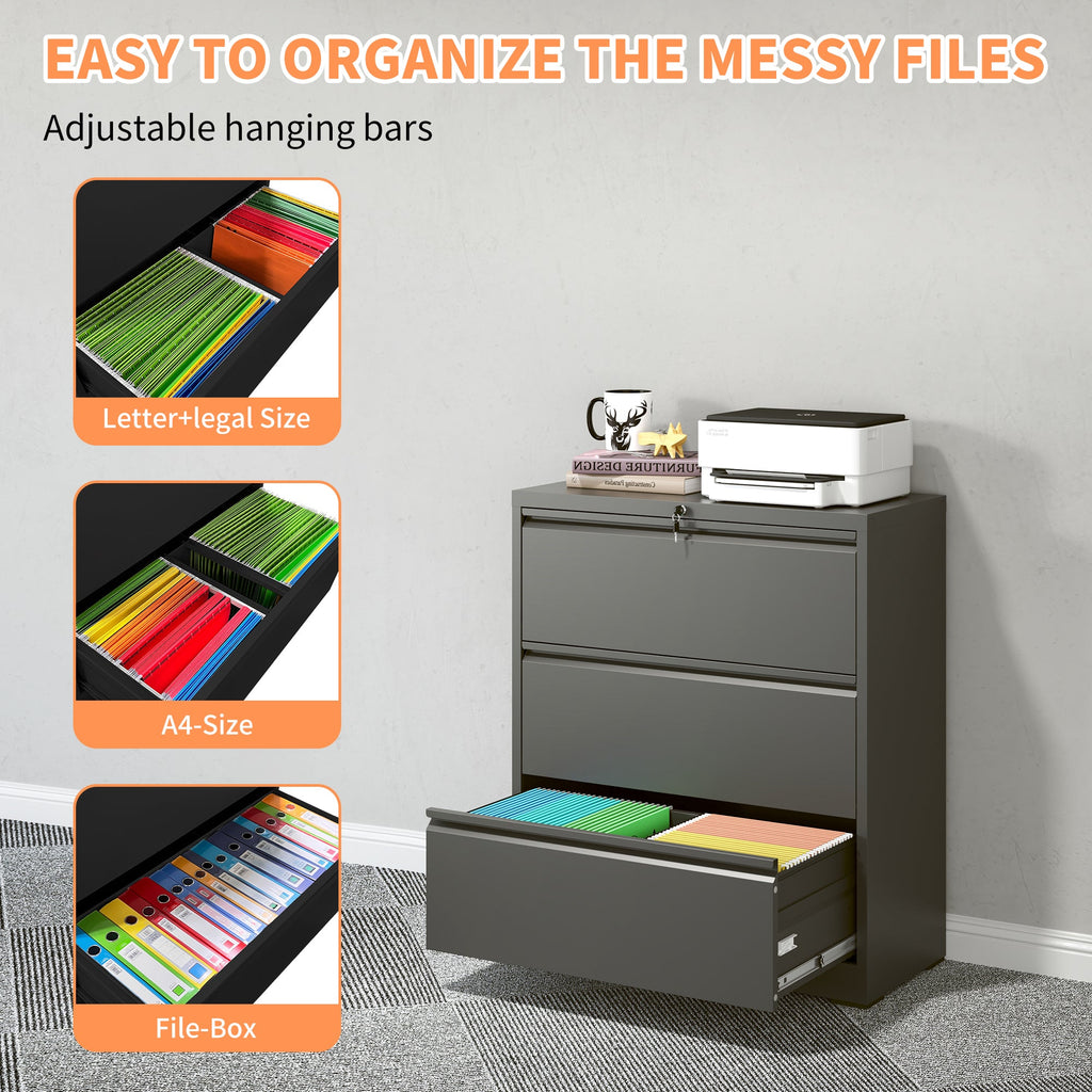 Modern Black 3-Drawer Lateral File Cabinet with Lock, Metal Filing for Legal/Letter/A4/F4