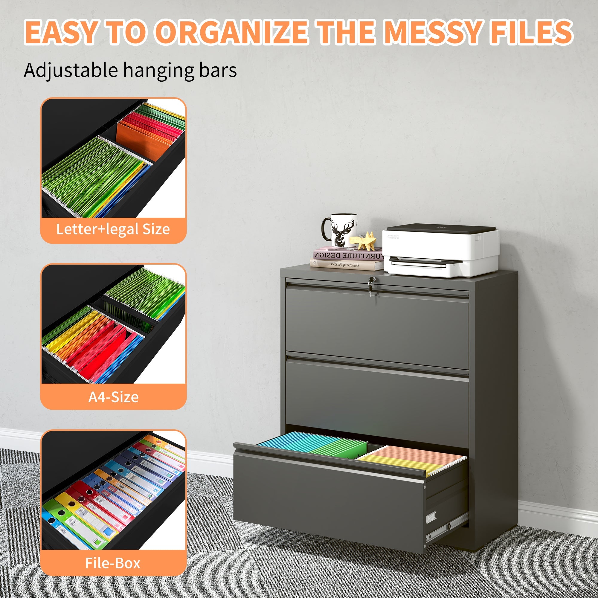 Modern Black 3-Drawer Lateral File Cabinet with Lock, Metal Filing for Legal/Letter/A4/F4