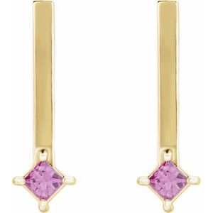 14K Yellow Gold Natural Pink Sapphire Bar Drop Earrings
