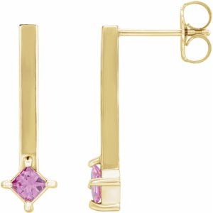 14K Yellow Gold Natural Pink Sapphire Bar Drop Earrings