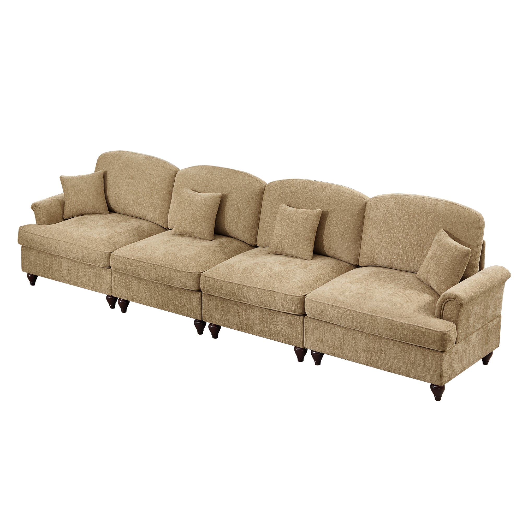 Elegant Mid Century Large 4 Seater Sofa Couch with Flared Arms and Removable Ruffles Pleats Skirts and Spindle Legs, Comfy Chenille Four-Seat Sofa for Living Room, Light Coffee