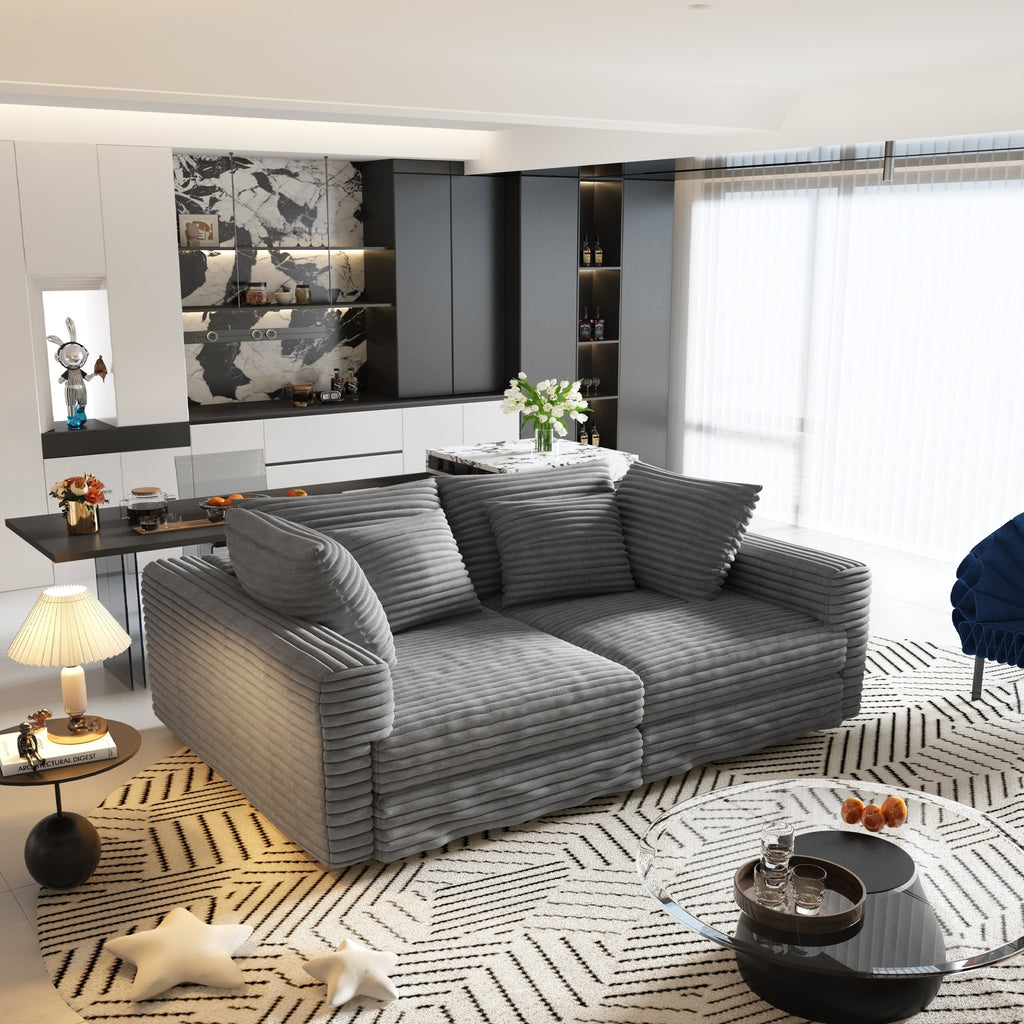 104.3 ' Plush Corduroy 4-Seat Sofa, Modern Comfy Upholstered Sofa Cloud Couch, Deep Seat Couches with Soft Pillows and 2 Ottomans, Convertible Sofa Lounge Chair, for Living Room,Apartment,Office,Grey