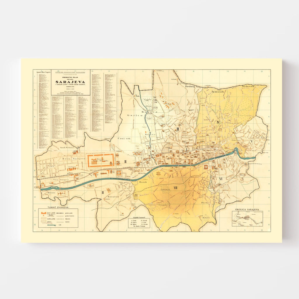 Vintage Map of Sarajevo, Bosnia 1932