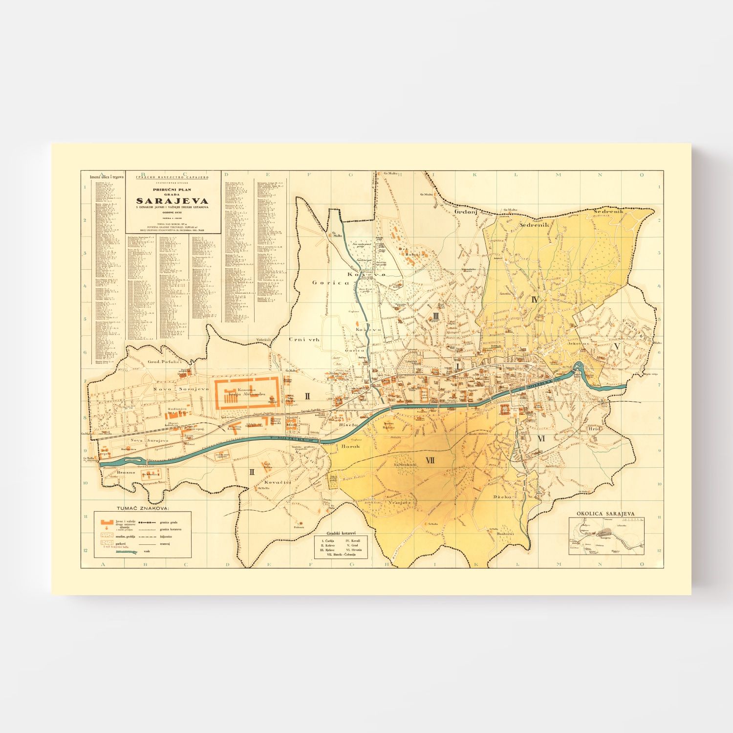 Vintage Map of Sarajevo, Bosnia 1932