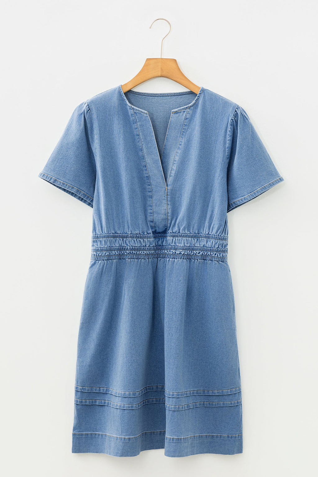 Elastic Waist Short Sleeve Denim Mini Dress