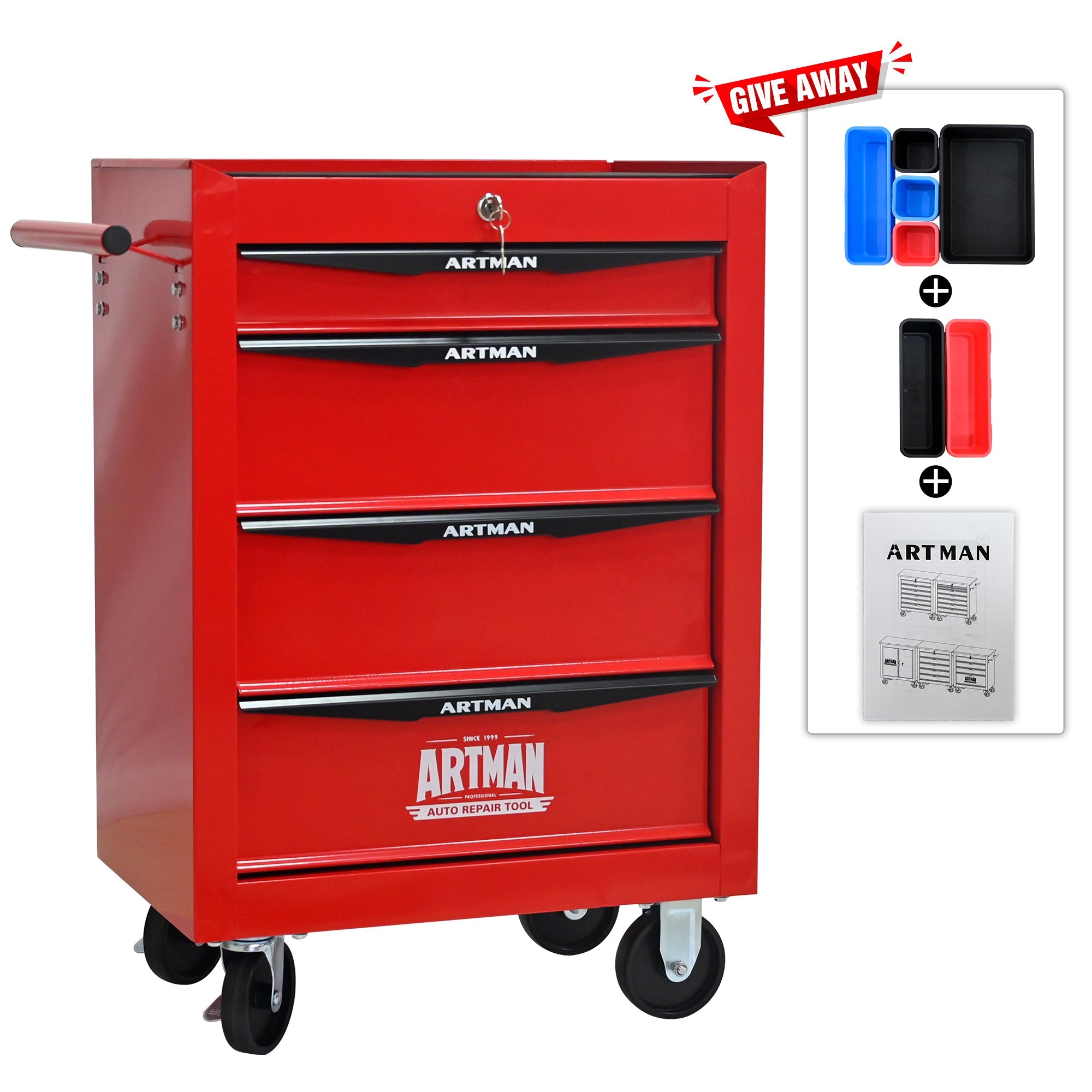 Rolling Metal Tool Chest with 4 Drawers, 20' Steel Storage Cabinet with Ball Bearing Slides, Black and Red Finish