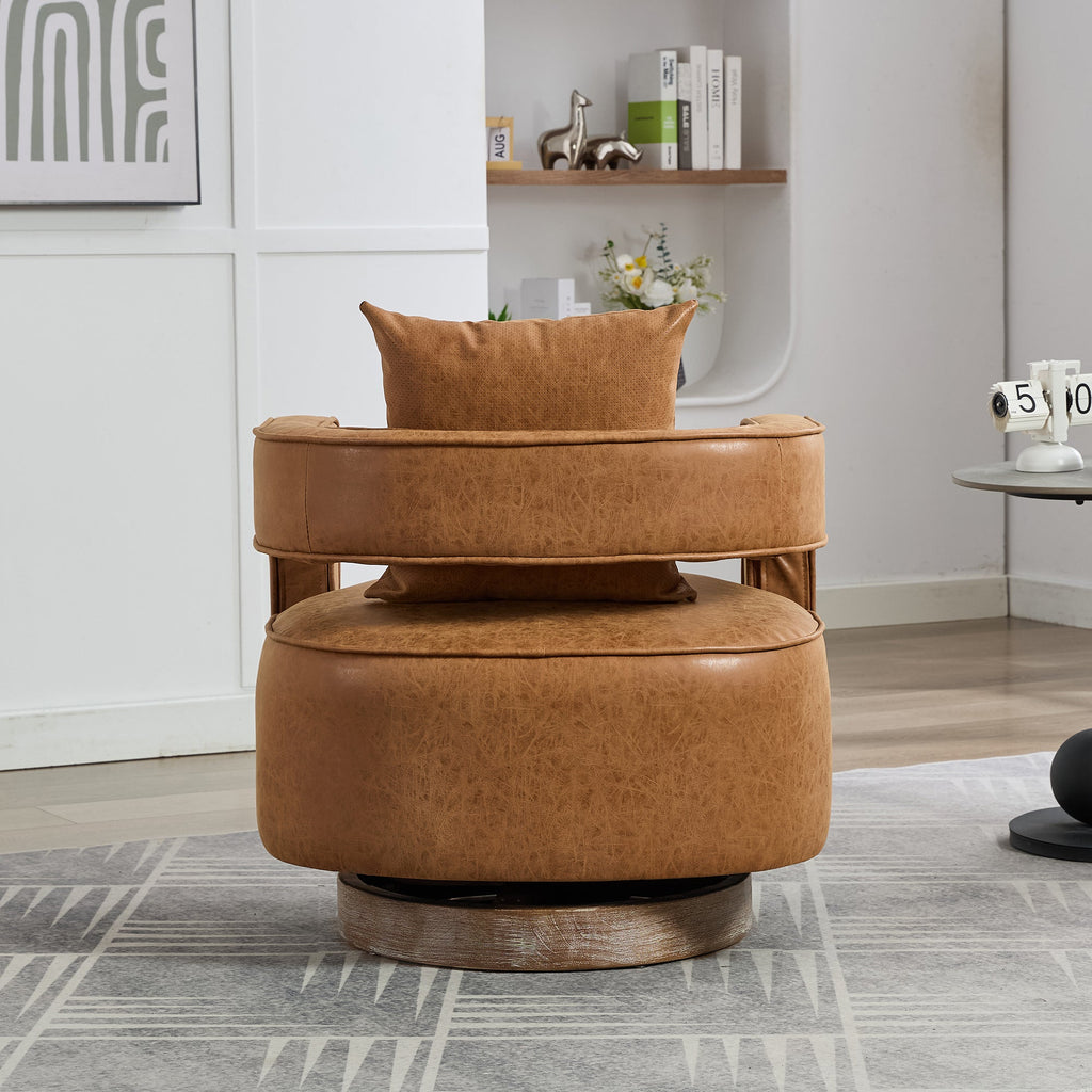 29.1'W Swivel Accent Open Back Barrel Chair Modern Comfy Sofa Chair With Weathered Base For Nursery Bedroom Living Room Hotel Office, Club Chair Leisure Arm Chair For Lounge (Brown,PU)