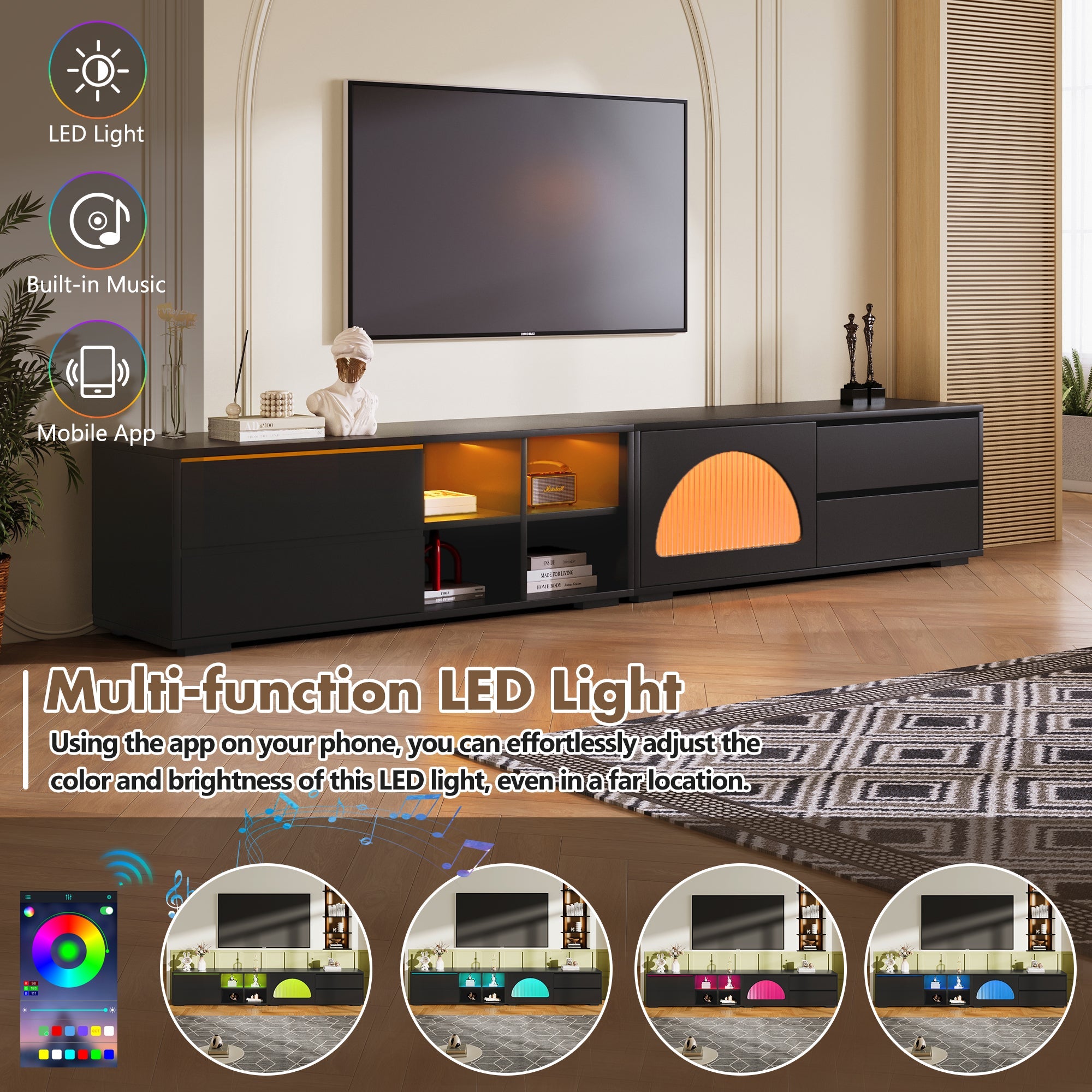 ON-TREND Modern TV Stand with Fluted Glass Door for TVs Up to 100', Media Console with Sliding Door & 2 Drawers, Free-Combination Entertainment Center with LED Light for Living Room, Bedroom, Black