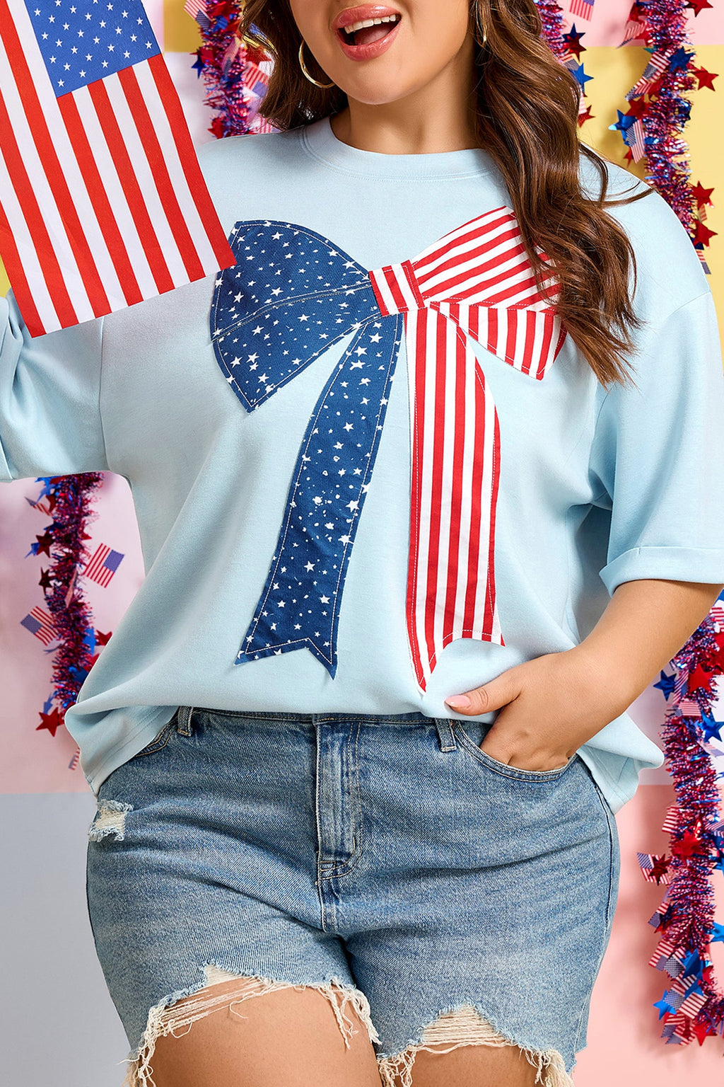 Plus Size Patriotic Stars & Stripes Bow Patchwork T-Shirt