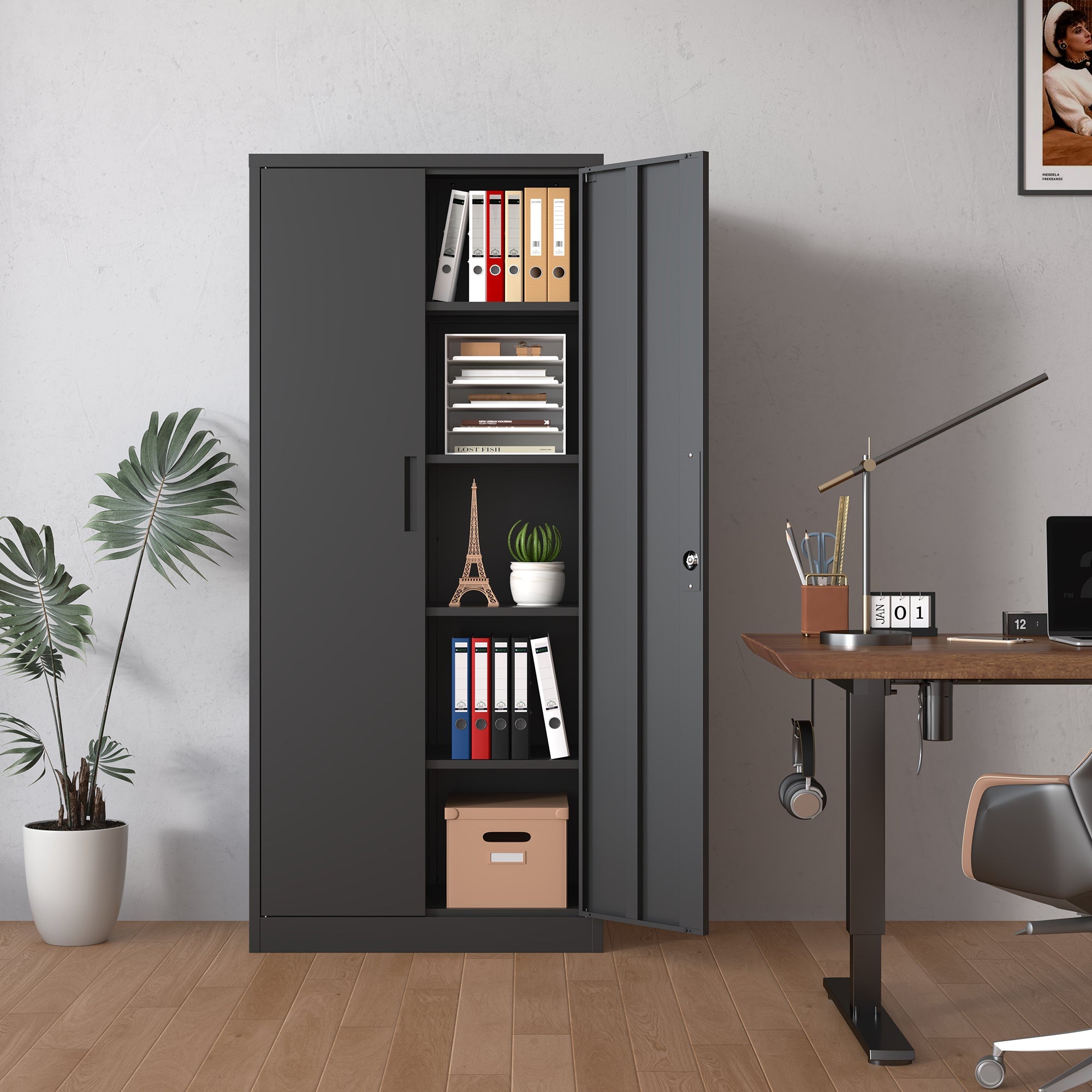 Heavy Metal 72'H Garage Storage Cabinet with Locking Doors, Black Steel, Adjustable Shelves