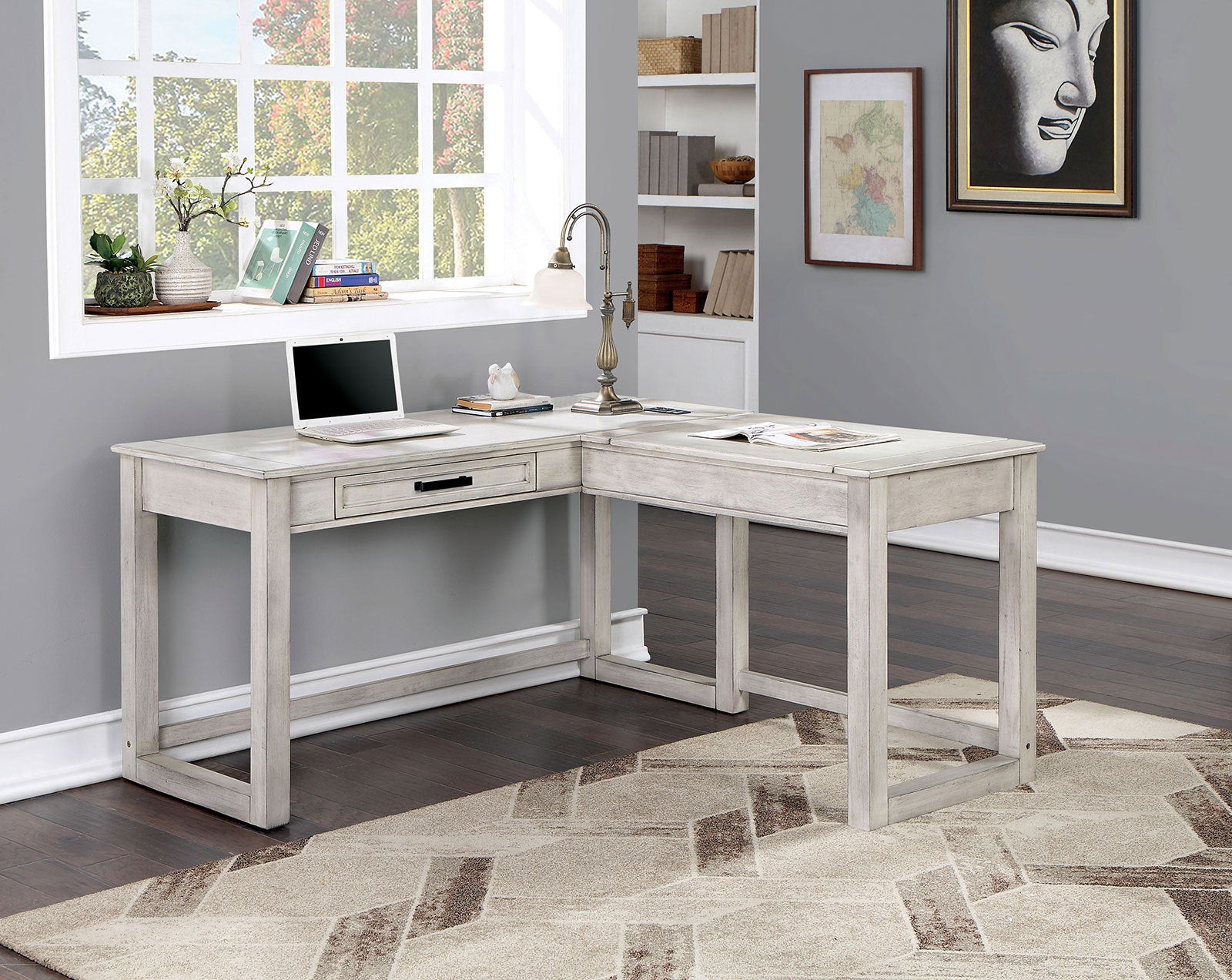 Transitional Computer Desk Antique White, USB Port Lift Top Design And Dovetail Drawer