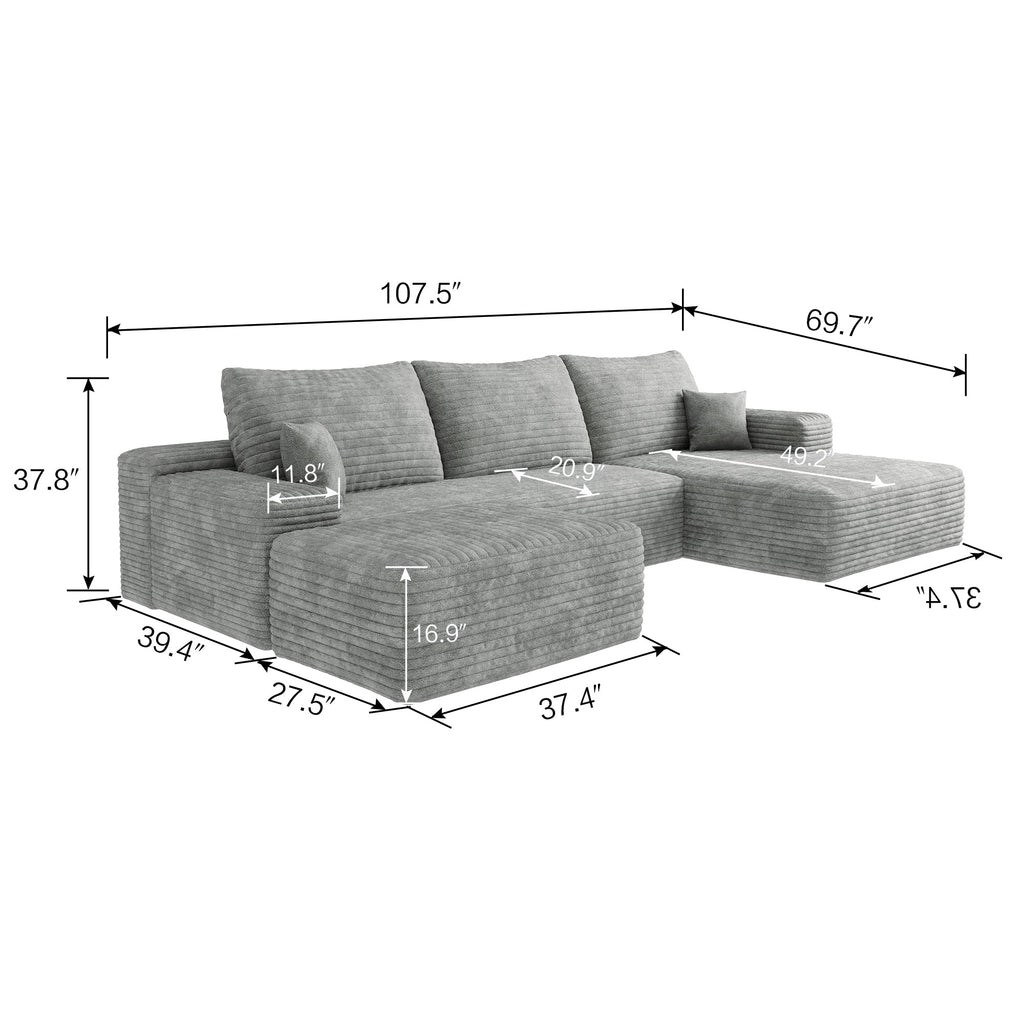 107' Cloud Sectional Sofa with 1 Ottoman,Modern Minimalist Upholstered Couches, Comfort U Shaped Sofa for Living Room,Deep Seat Corner Couch,No Assembly Required,Grey(Plush Corduroy Fabric)