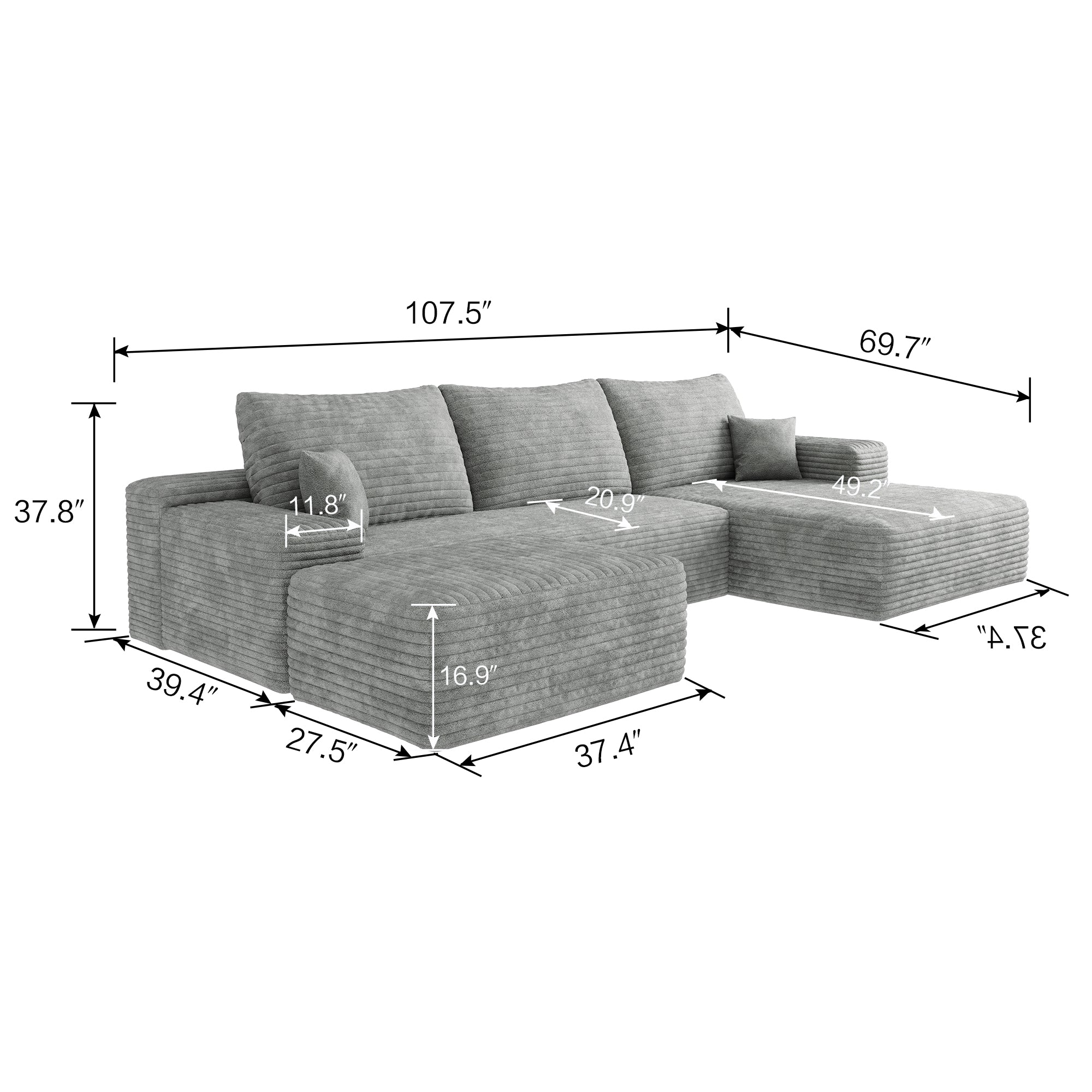 107' Cloud Sectional Sofa with 1 Ottoman,Modern Minimalist Upholstered Couches, Comfort U Shaped Sofa for Living Room,Deep Seat Corner Couch,No Assembly Required,Grey(Plush Corduroy Fabric)
