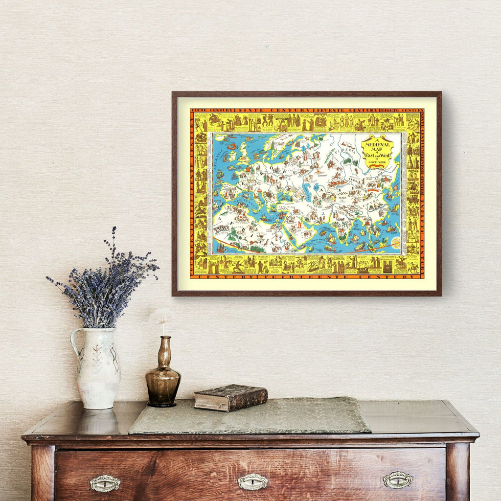 Vintage Medieval Map of East & West 1925