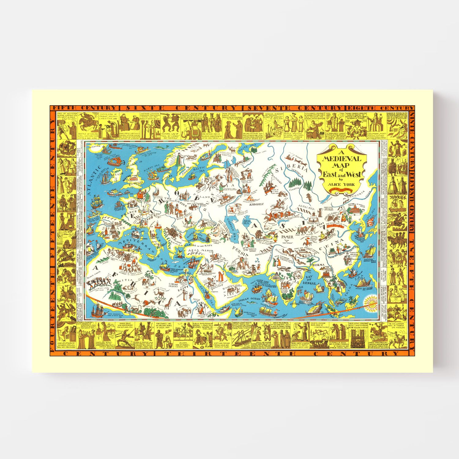 Vintage Medieval Map of East & West 1925